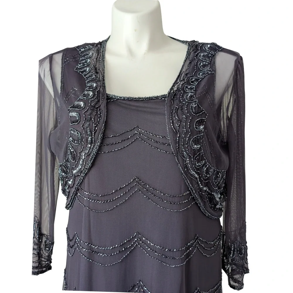 Vintage Art Deco Beaded Purple Mesh Midi Dress Bolero Set Rayon Cocktail Gatsby